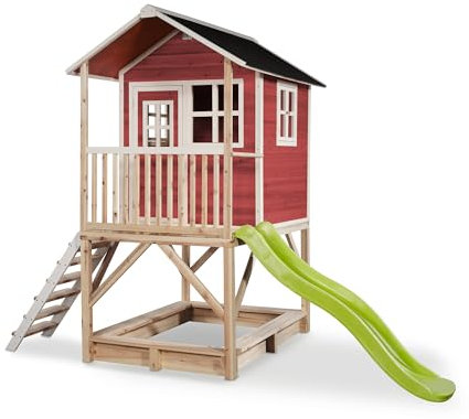 EXIT Toys Loft 500 Holzspielhaus für Draußen mit Sandkasten & Rutsche - Wasserdichtes Gartenhaus aus Holz für Kinder - Einfache Montage - 100% FSC Zedernholz - 329x190x253cm - Rot
