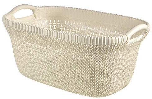 Curver Panier à Linge 40L, Aspect Tricot - Bac à Linge Propre et Sale - Poignées Ergonomiques - Corbeille pour Salle de Bain ou Buanderie - 59,5 x 38,5X 27 cm - Blanc cassé