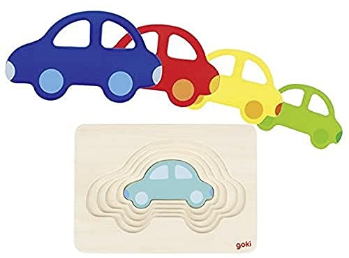 goki 57485 - Schichtenpuzzle Auto aus Holz, kreatives Holzspielzeug zur Förderung von logischem Denken, für Kinder ab 2 Jahren