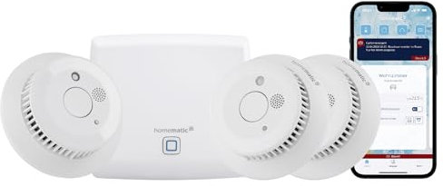 Homematic IP Smart Home Starter Set Rauchwarnmelder, Rauchmelder alarmiert lokal über die Sirene und per Push-Benachrichtigung in der Smartphone-App, integrierte LED-Notbeleuchtung, 150788A0