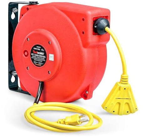 ReelWorks Retractable Extension Cord Reel Polypropylene 12AWG x 40' Foot Industrial Commercial Grade 3C SJT Cable Triple Tap Connector 15A 125VAC 1875W 60Hz Current Interrupter Best for Indoor Use