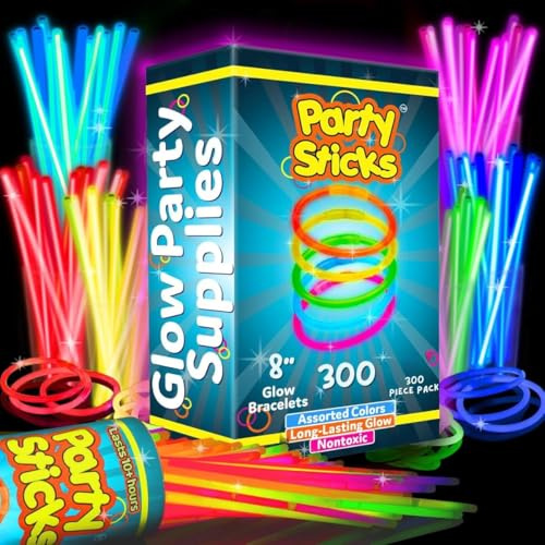 Party Sticks Glow Sticks Jewelry Bulk Party Favors 300pk and Connectors - 8 Glow in the Dark Party Supplies, Neon Party Glow Necklaces and Glow Bracelets for Kids and Adults