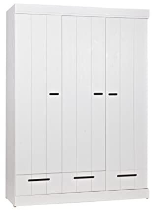WOOOD Connect Kleiderschrank 3 Türig, Garderobenschrank aus Kiefer und Melamin Schublade Drehtürenschrank Connect-Schrankwand - Weiß - 195x140x53 cm