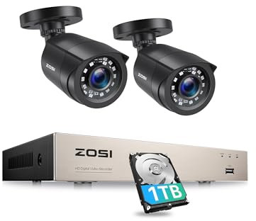 ZOSI 8CH 1080P Home CCTV Camera System with Human Vehicle Detection, 5MP Lite H.265+ DVR Recorder 1TB Hard Drive and 2pcs 2MP Weatherproof Outdoor Security Cameras, 80ft Night Vision, Smart Alerts