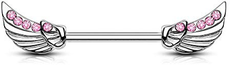 Paula & Fritz® Brustwarzen-Piercing 12mm 14mm lang Brustpiercing Intimpiercing Nippelpiercing Barbell Engelsflügel Silber gelbgold roségold Zirkonia viele Farben KR14574_P