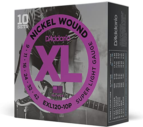 D'Addario XL Nickel EXL120-10P Cordes Guitare 09-42, 10 Jeux | Cordes de guitare électrique XL Nickel offrant son brillant, intonation précise, durabilité fiable et confort de jeu.
