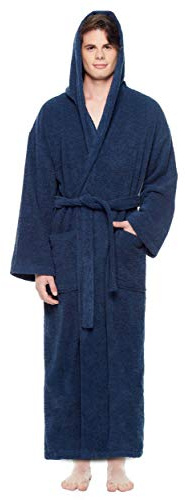 Arus Mens Hooded Classic Turkish Cotton Bath Robe with Full Length Options Navy Blue, Large-X-Large