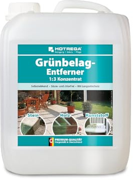 HOTREGA Grünbelagentferner Konzentrat 5L | Gegen Algen & Mikroorganismen | Selbsttätige Reinigung ohne Schrubben | Für Stein, Fassade, Holz & Dach | Ergiebigkeit bis 350m² | Grünbelag entfernen