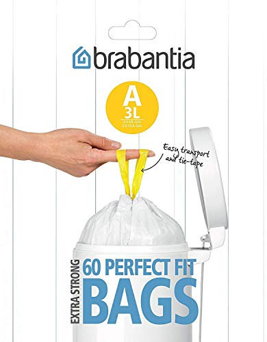 Brabantia PerfectFit Bin Liners (Size A/3 Litre) Thick Plastic Trash Bags with Tie Tape Drawstring Handles (60 Bags)