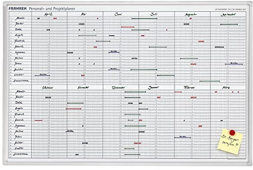 FRANKEN Personal- & Projektplaner über 12 Monate mit 24 Positionen, lackiert, magnetisch, beschreibbar, trocken abwischbar, mit Aluminiumrahmen, Magnettafel zur Wandbefestigung, 90 x 60 cm, JK710
