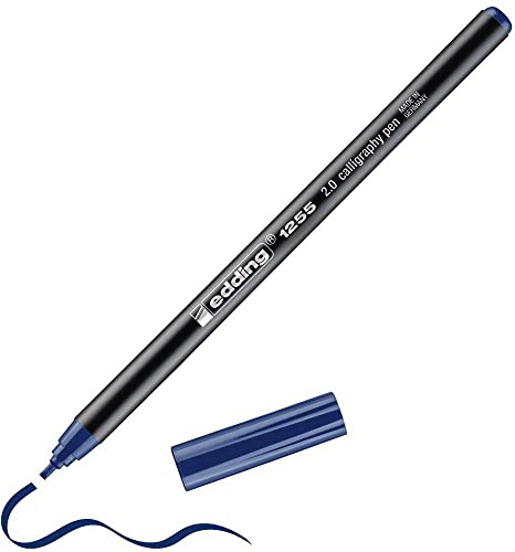 edding 1255 Kalligrafipenna – stålblå – 1 penna – kalligrafispets 2 mm – fiberpenna för papper, trä, terrakotta, duk – för nybörjare, handbokstäver, bullet journal, gratulationskort, dagbok
