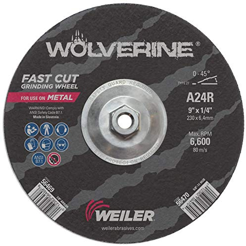 Weiler 56470 9 X 1/4 Wolverine Type 27 Grinding Wheel, A24R, 5/8-11 Nut (Pack of 10), Black