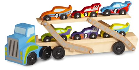 Melissa & Doug Mega Race-Car Carrier – trätraktor och släpvagn med 6 unika racerbilar