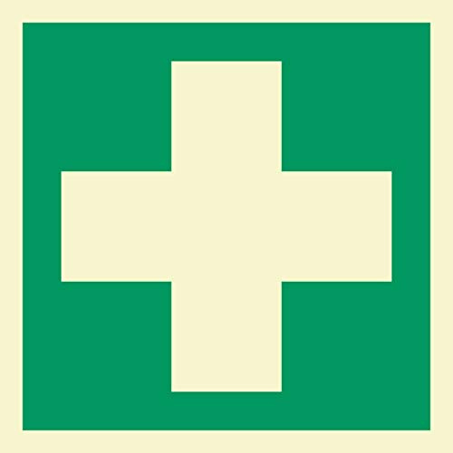 Schild Erste Hilfe Rettungszeichen nachleuchtend ASR A1.3 150 x 150 mm | 3 mm Alu-Verbund mit nachleuchtender Folie, langnachleuchtend nach ASR A1.3, wetterfest, Made in Germany