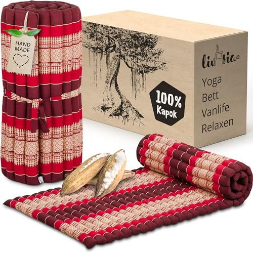 livasia Rollmatte Rollmatratze M schmal Einzelbett - 200x75x4,5cm - Gästebett Gästematratze 1 Person mit Muster, Reisebett Kofferraum outdoor, Thaimatte Kapok Garten handgefertigt (Rubinrot)