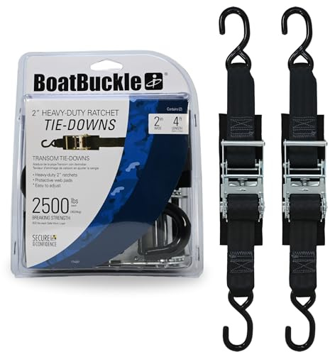 BoatBuckle F14207 Transom Boat Tie Down Straps to Trailer, 2-In x 4-Ft, 2-Pack, 2500lbs Break Strength Each, Heavy Duty Ratchet Straps Transom Tie-Downs, Zinc-coated Steel Ratchet & Rubberized S-Hooks