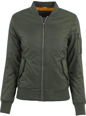Urban Classics Damen Basic Bomber Jacket – Klassische Übergangsjacke im Regular Fit mit Ärmeltasche, Reißverschluss und kontrastfarbenem Innenfutter für Streetwear & Freizeit,olive,L