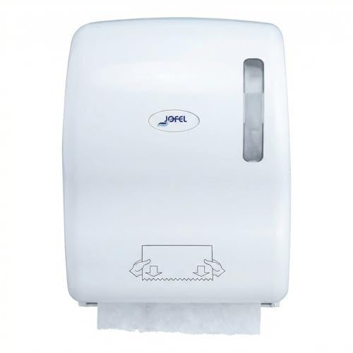 Jofel Autocut ABS Papierhandtuchspender für Gewerbe & Industrie - Hygienischer Wandspender ohne Batterie, Für Tuchrollen bis 210mm, Inkl. Sichtfenster & Schloss, Weiß (AG56000)