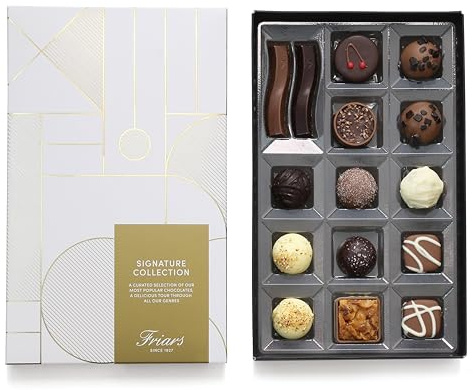 Friars Signature Premium Chocolate Selection Gift Box, 15 Assorted Chocs | Truffles, caramel, liqueurs & fruit centres in white, milk & dark, vegetarian, a rich treat for celebrations & parties