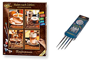 Schipper 609340553AMA Måla efter siffror, kaffepaus och specialpenselset paket – måla bilder för vuxna, inklusive borstar och akrylfärger, Quattro vardera 18 x 24 cm [Exklusivt för Amazon]