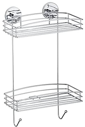 WENKO Vacuum-Loc® Wandregal 2 Etagen und 2 Haken, Wandablage ohne Bohren, Duschablage mit Vakuum-Befestigung im Drahtkorb-Design, Regal für Badezimmer und Küche, verchromtes Metall, 26 x 44 x 15,5 cm