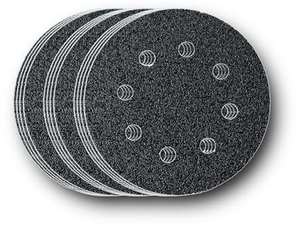 FEIN Sanding sheet set grana 40,60,80 Ø 115 mm, Condit. 12 pcs., for hard surfaces such as clear varnishes (e.g. parquet varnish) or metal. Perforated, hook and loop fastening.