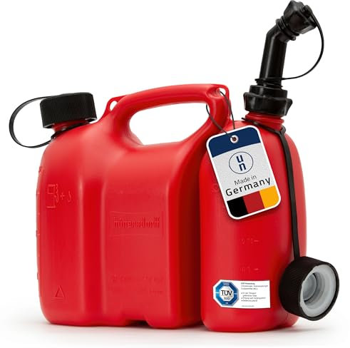 hünersdorff PROFI Doppelkanister / Kombikanister für Kraftstoff und Öl mit Kindersicherung und Auslaufrohr, 3 + 1,5 Liter, rot, UN-Zulassung, Made in Germany