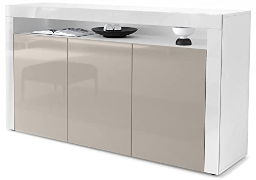 Vladon Madia Valencia, mobile a 3 ante e 1 scomparto aperto, bianco opaco/grigio sabbia lucido/bianco lucido (155 x 92 x 40 cm)