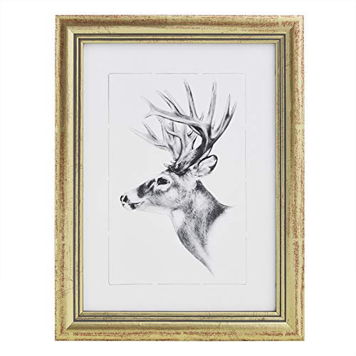 WOLTU Bilderrahmen 10x15, Fotorahmen aus Massivholz und PS-Platte, Holzrahmen mit Passepartout, zum vertikalen oder horizontalen Aufhängen/Aufstellen, Posterrahmen Collage Wanddeko, Gold