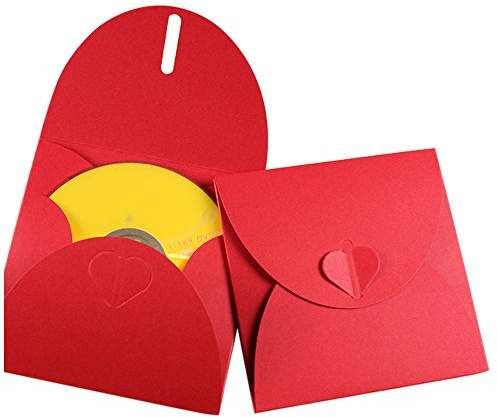 Umschlag/CD-Tasche/DVD-Tasche, Herzdesign, 50 Stück, aus Papier, 300 g, Rot