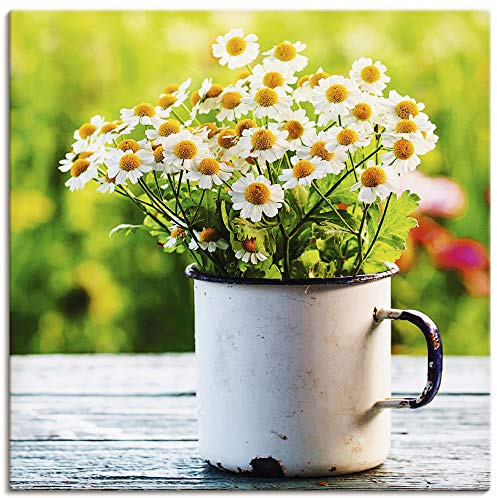 ARTLAND Wanddeko Leinwand Bilder Wandbild 40x40 cm Botanik Blumen Gänseblümchen Fotografie Grün Frühlingsgarten mit Gänseblümchen T4UE