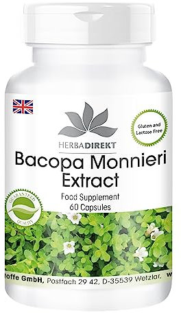 Bacopa monnieri Extract, Contains 20% bacosides, Vegan, 60 Capsules, Without Silicon Dioxide | HERBADIREKT by Warnke Vitalstoffe - German Pharmacy Quality