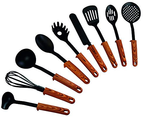 STONELINE Back to Nature 9-teiliges Nylon Küchenhelfer Set mit praktischer Stütze, Hitzebeständige Küchenutensilien für Antihaft Pfanne Topf, Küchenzubehör integrierte Küchenhelferablage, Holzoptik