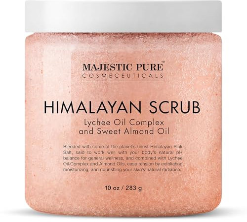 MAJESTIC PURE Himalayan Salt Body Scrub with Lychee Oil, Exfoliating Salt Scrub to Exfoliate & Moisturize Skin, Deep Cleansing - 10 oz