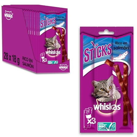 Whiskas Snack per Gatto, Sticks al Salmone, 84 Pezzi in Totale, 28 Confezioni da 18g l'Una
