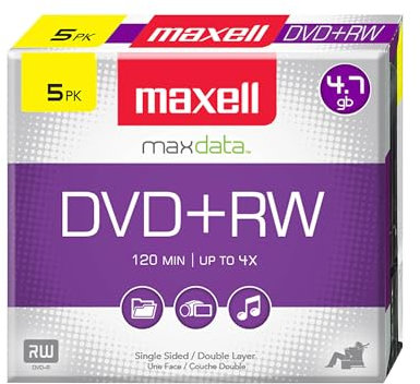 Maxell 634045 DVD-RW Disco en Blanco, regrabable de 4,7 GB con Estuche Delgado para Joyas, 120 Minutos y máximo hasta 4X, reproducción de Almacenamiento Digital de Vida de Archivo Superior y hasta