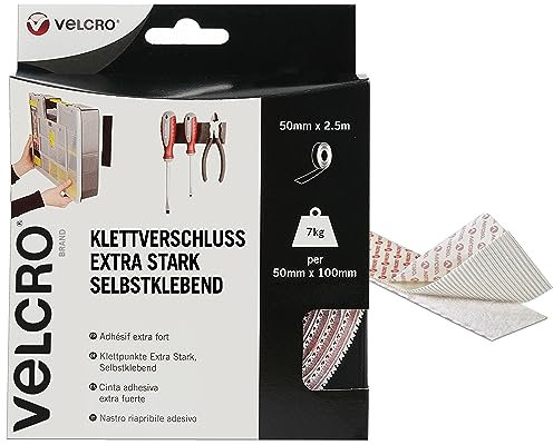 VELCRO Brand Heavy Duty Stick On Tape Cut-to-Length Industrial Strength Double Sided Hook & Loop Self Adhesive Tape Perfect for Room Décor & Home, Office, Garage Use White 50mm x 2.5m