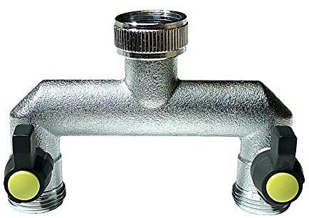U-Verteiler 2er mit Absperrung flachdichtend und, massive Ausführung aus vernickeltem Messing, Schlauchanschlußgewinde 3/4 Zoll Außengewinde, mit 2 Absperr Hähnen, die schöne & haltbare Alternative zu Kunststoffverteilern - Passt auf das übliche 3/4 Wasserhahngewinde (Waschmaschine, Garten)