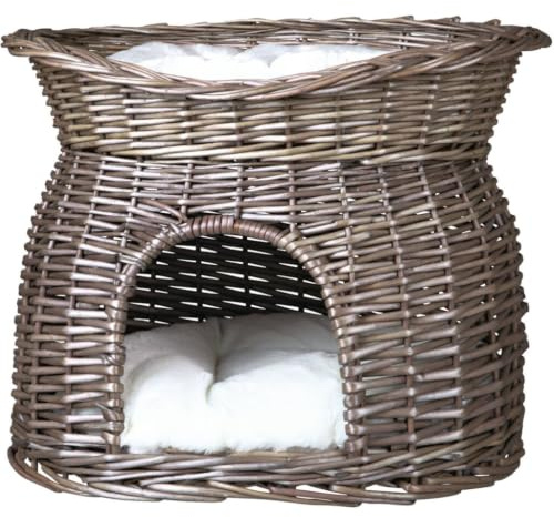 Trixie 2873 Weidenkorb mit Liegedach und 2 Kissen, 54 × 43 × 37 cm, grau