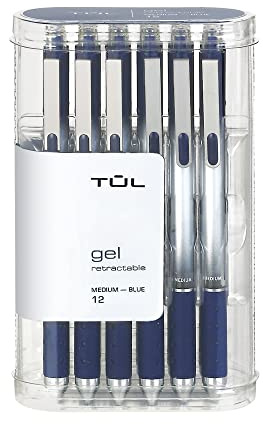 TUL Gel Pens, Retractable, Medium Point, 0.7 mm, Gray Barrel, Blue Ink, Pack Of 12