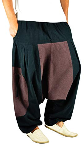 virblatt - Pantaloni Harem Uomo | Cotone | Pantaloni Cavallo Basso Uomo Larghi Hippie Etnici Estivi - Wasser L-XL Neri