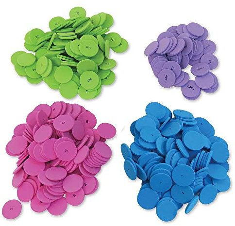 hand2mind Mjukt skum placera värdeskivor 4 värden, räkna chips för barn, matematikräknare förskola, matematiklärartillbehör, bas 10 matematikmanipulativ för grundskola (paket med 200)