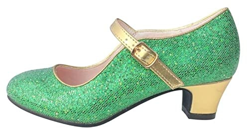 La Senorita Anna Frozen Shoes, Spanish Flamenco Shoes - Green Gold Glitter (Size 36 - Inside 23,5 cm - UK Size 3)