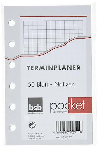 BSB Ersatzeinlage Notizen, ca. A7, 6-Fach Lochung, kariert, Pocket Terminplaner Organizer, 02-0277