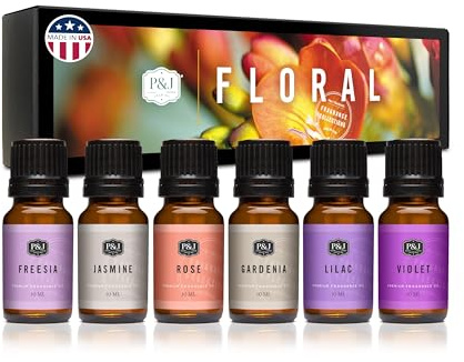 Blommigt set med 6 doftoljor av högsta kvalitet – violett, jasmin, ros, lila, Freesia, Gardenia – 10 ml