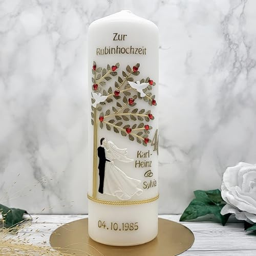 Kerze Rubinhochzeit 40 mit Namen & Datum RH-04g HANDARBEIT - Geschenkverpackung/Kerzenständer optional