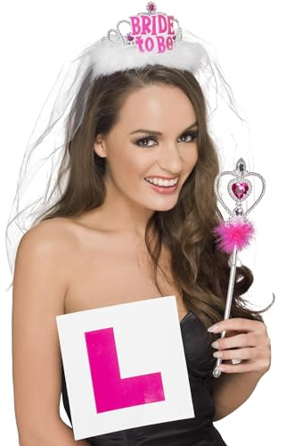 Smiffys Junggesellinnenabschied-Kit, mit 'Bride to Be' - Zukünftige Braut - Diadem und Schleier, L-Schild-Abzeichen und Zauberstab Halloween