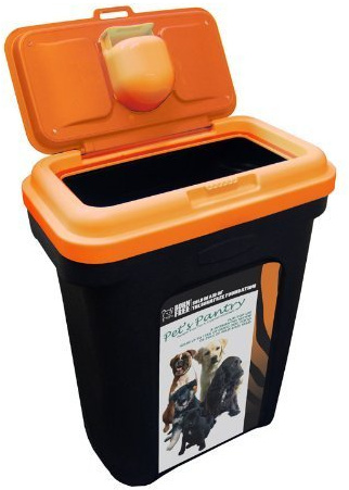 PET FOOD STORAGE CONTAINER BLACK HOLDS 15 25 KG. ORANGE LID RUBBER AIRTIGHT SEAL