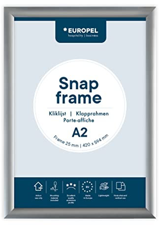 EUROPEL Klapprahmen A2 mit 25 mm Aluminium-Profil - aufklappbarer Plakatrahmen mit Gehrungsecke - Schnapprahmen für u.a. Poster, Zertifikate, Fotos & Werbemittel - Silber, 355004