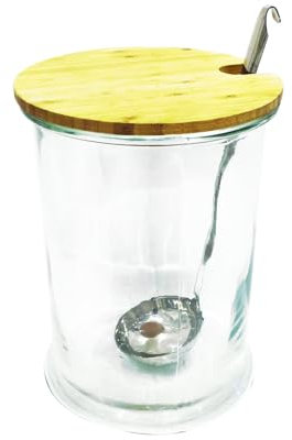 HOME DECO FACTORY Saveur & Dégustation - KA1574 - Bocal Boisson 5 Litres avec Louche, Bois/Inox/Verre, Transparent/Marron, Accompagné d'un couvercle en bois, Diamètre 19cm - Hauteur : 26cm